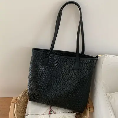 Black Textured Woven Shoulder Bag for Women