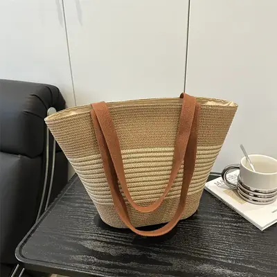 Straw Woven Handbag for Women with Leather Handles