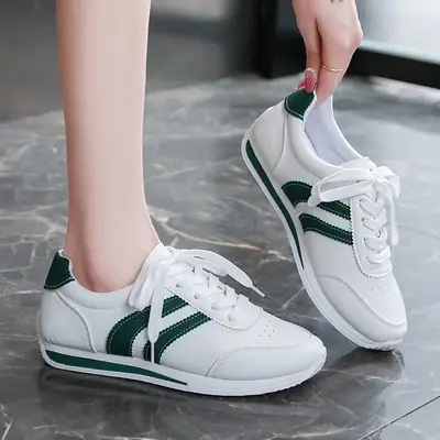 Women Casual Running Shoes White Green Stripes