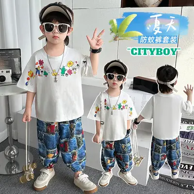 Children's Cartoon T-Shirt White Blue Floral Print 2025 Summer