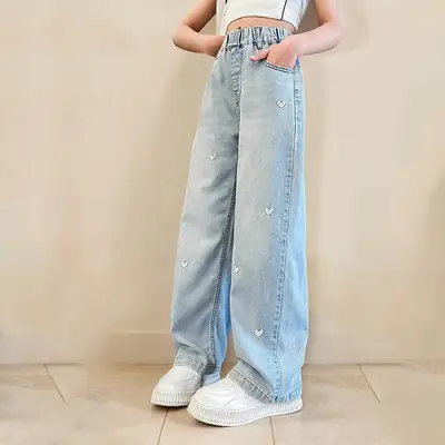 Girls' Pants Summer Thin Style 2026 New Model for Older Girls Wide-Leg Pants for Middle School Students Narrow Straight-Leg Tencel Jeans