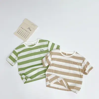 2025 Kids T-Shirt Brown White Stripes Round Neck Embroidered