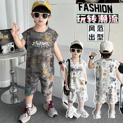 Cross-Border Boys Summer Cartoon T-Shirt Cargo Shorts Set