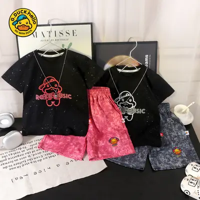 Kids Cartoon T-Shirt Set Black Pink Short Sleeve Cotton