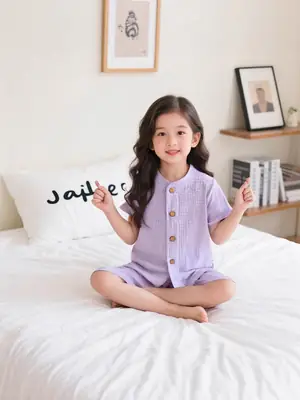 Summer Kidsren's Short-Sleeved Shorts Suit Boys and Girls Double-Layer Gauze Pajamas Wrinkled Cotton Korean Style Pure Color Home Clothes