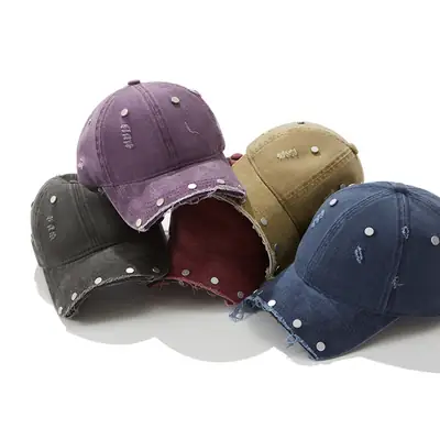 Purple Distressed Brim Baseball Cap with Rivets