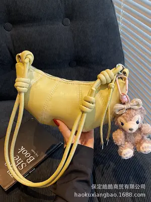 Women's Yellow Leather Shoulder Bag with Doll Keychain
