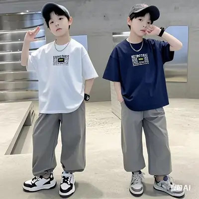 Children Cotton Printed T-Shirt White Grey Pants