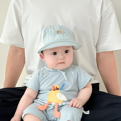Baby White Beanie Hat with Bear Embroidery
