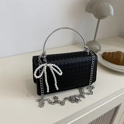 Black Houndstooth Chain Crossbody Bag for Women