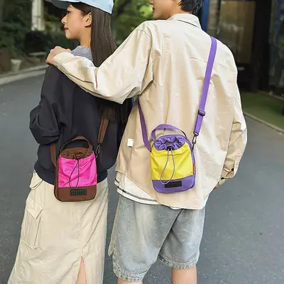 Unisex Color-block Drawstring Bag Water-repellent Double-layer Portable