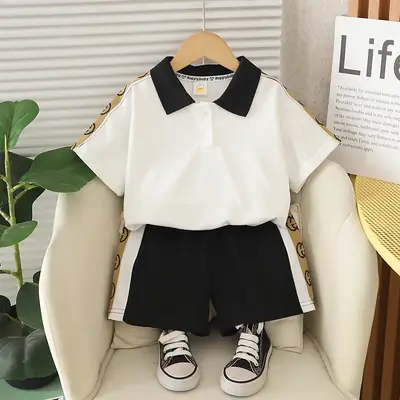 Kids Navy Blue Polo Shorts Set Summer Korean Style