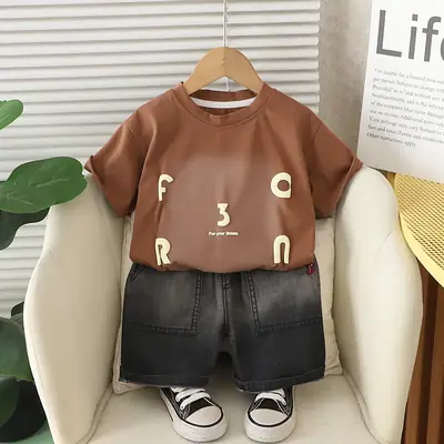 Kids Printed T-Shirt Brown Short Sleeve Summer Set