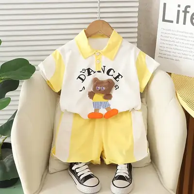 Kids Bear Print Yellow Shorts Set Summer Wear