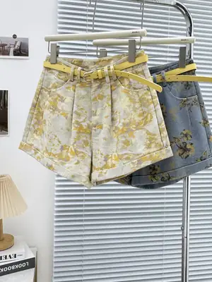 Korean Women Tie-Dye Denim Shorts High Waist Belt