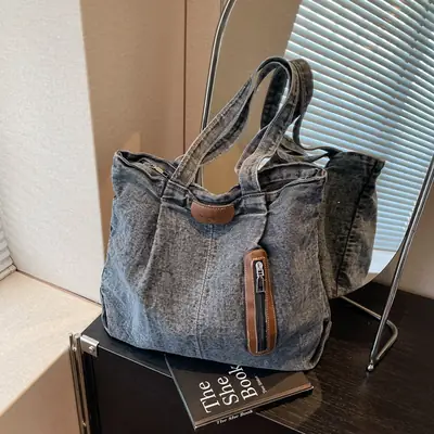 Retro Wash Denim Crossbody Bag Large Capacity