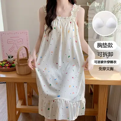 Nightgown for Women Summer Suspender New Style Princess Style Accessible Luxury Pure Desire Sweet Lace with Breast Pad Simple Home Wear 106