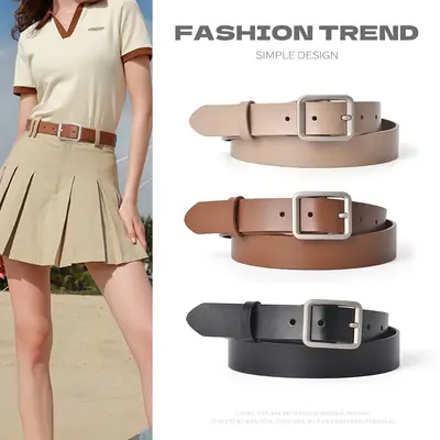 Square Buckle Women's Belt Genuine Leather Black Brown
