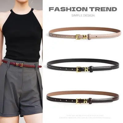 White Genuine Leather Thin Belt for Women