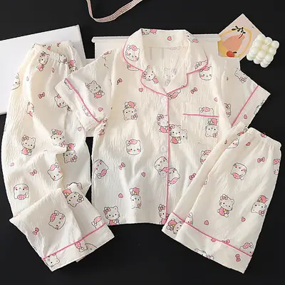 Summer Girls Children's Clouds Cotton Three-piece Pajamas Sweet Summer Thin Air Conditioner Home Clothes suit