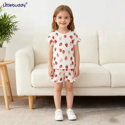 Girls Strawberry Print Cotton Shorts Suit Summer Wear
