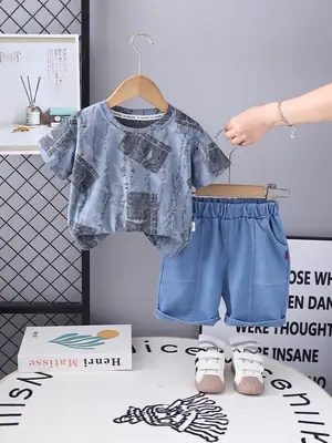 Boys Blue Denim Print 2Pc Summer Suit 2025