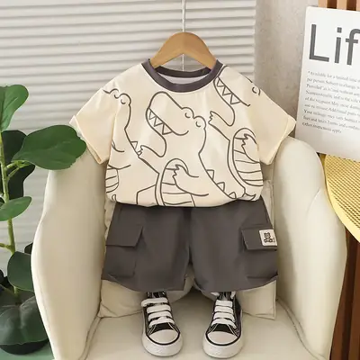 Kids Dinosaur Print Shorts Set Brown Tan Kids