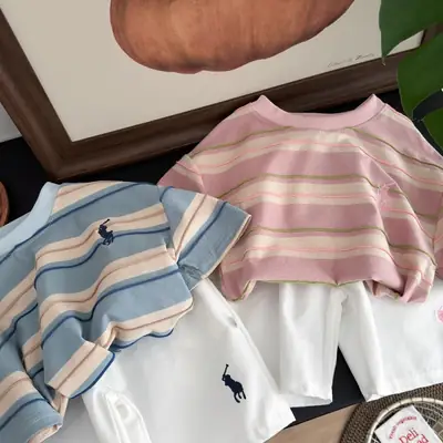 Children Striped T-Shirt Pink White 2025 Summer