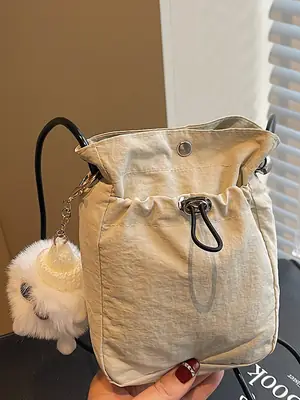 Lightweight Women's Drawstring Bag with Pom Pom Charm