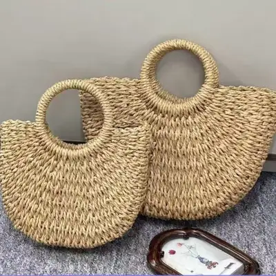 Women's Straw Woven Shoulder Bag Round Bracelet Craft