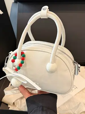 Women's White Satchel Shoulder Bag with Colorful Pom Pom