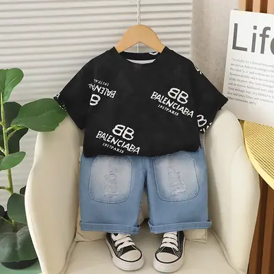 Kids Korean Style White T-Shirt Set with Jeans