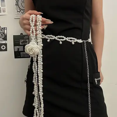 Pearl Beaded Camellia Waist Chain Belt with Han Decor