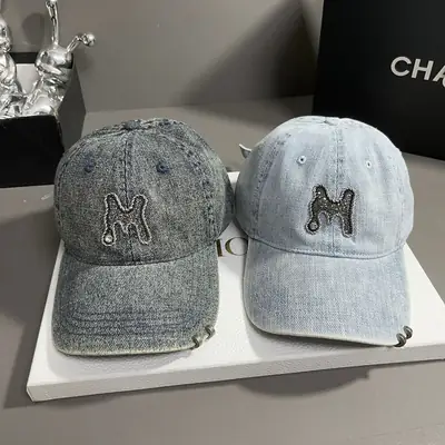 Women Denim Baseball Cap with Rhinestone Embroidery
