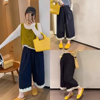 Dark Blue Lace Pants for Women Summer Casual Wide Leg
