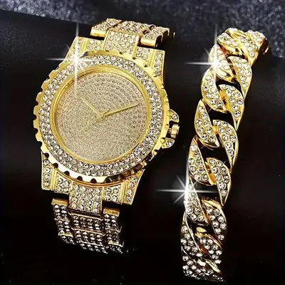 High-End Gold Rhinestone Watch Set for Women