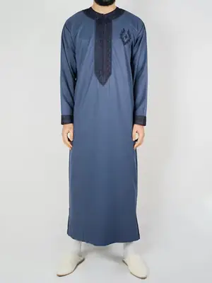 New Embroidered Muslim Robe Blue Long Shirt for Men