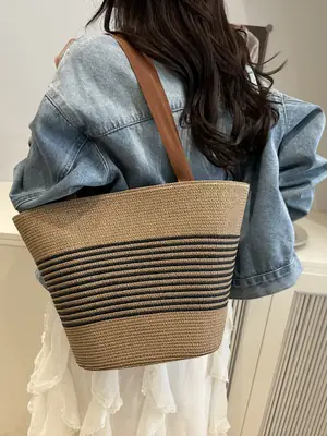 Striped Straw Bag Large Capacity Casual Beach Shoulder Bag