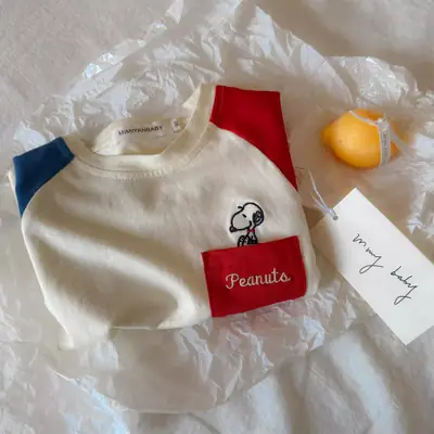 Kids Cotton Short Sleeve T-Shirt Cream Red Sleeve Design