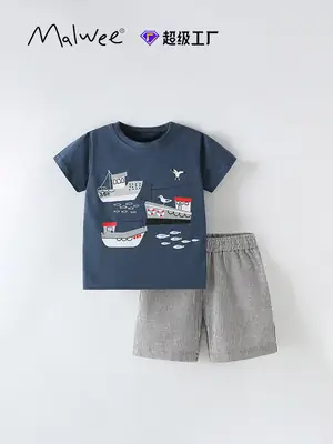 Cross-border boys T-shirt Shorts Set Navy Gray Summer Casual