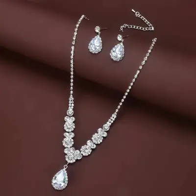 Super Flash Bridal Necklace Earrings Set Silver Rhinestone Luxury Wedding Jewelry
