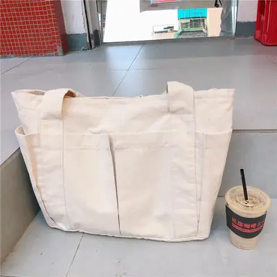 Canvas Large Capacity Shoulder Tote Bag Multi-Pocket
