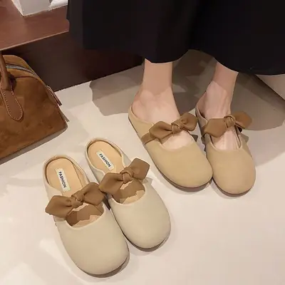 Women's Brown Bow Slip-on Sandals Spring Summer