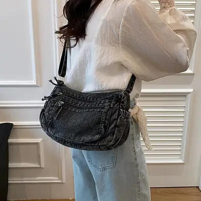 Vintage Denim Shoulder Bag for Women Large Capacity Commuting