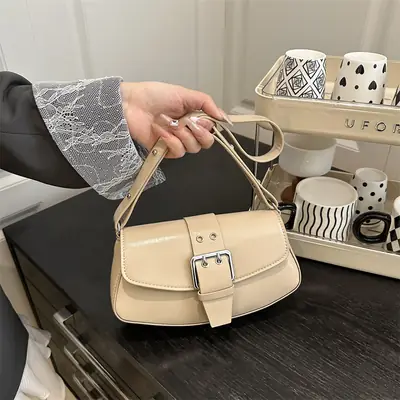 Women's Beige Belt Buckle Shoulder Bag 2025 Spring Summer