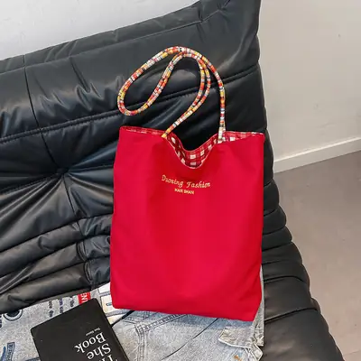 Red Plaid Canvas Women's Large Tote Bag