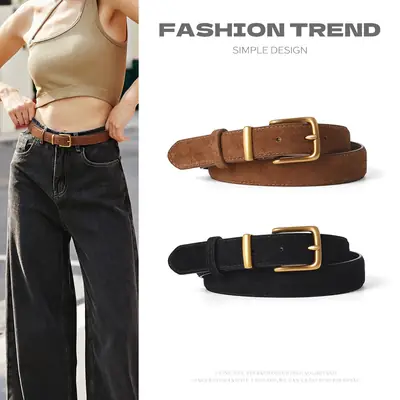 Women's Brown Suede Belt with Gold Buckle
