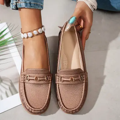 Ladies Pearl Strap Loafers Plus Size Brown