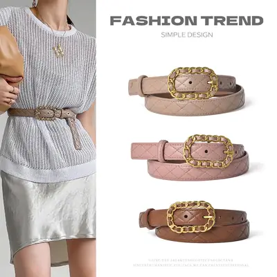 Genuine Leather Belt with Gold Chain Buckle