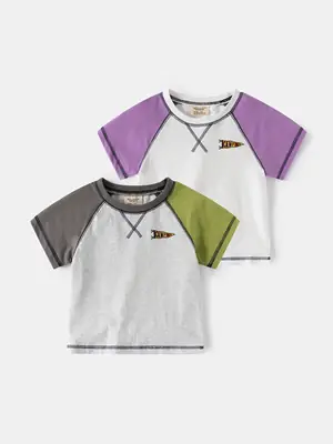 2025 Boys Color-Matching Round Neck T-Shirt with Olive Green Sleeves